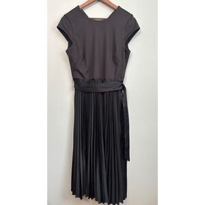 White House Black Market Dress 12 Black Pleated Midi Belted A Line Fit Flare